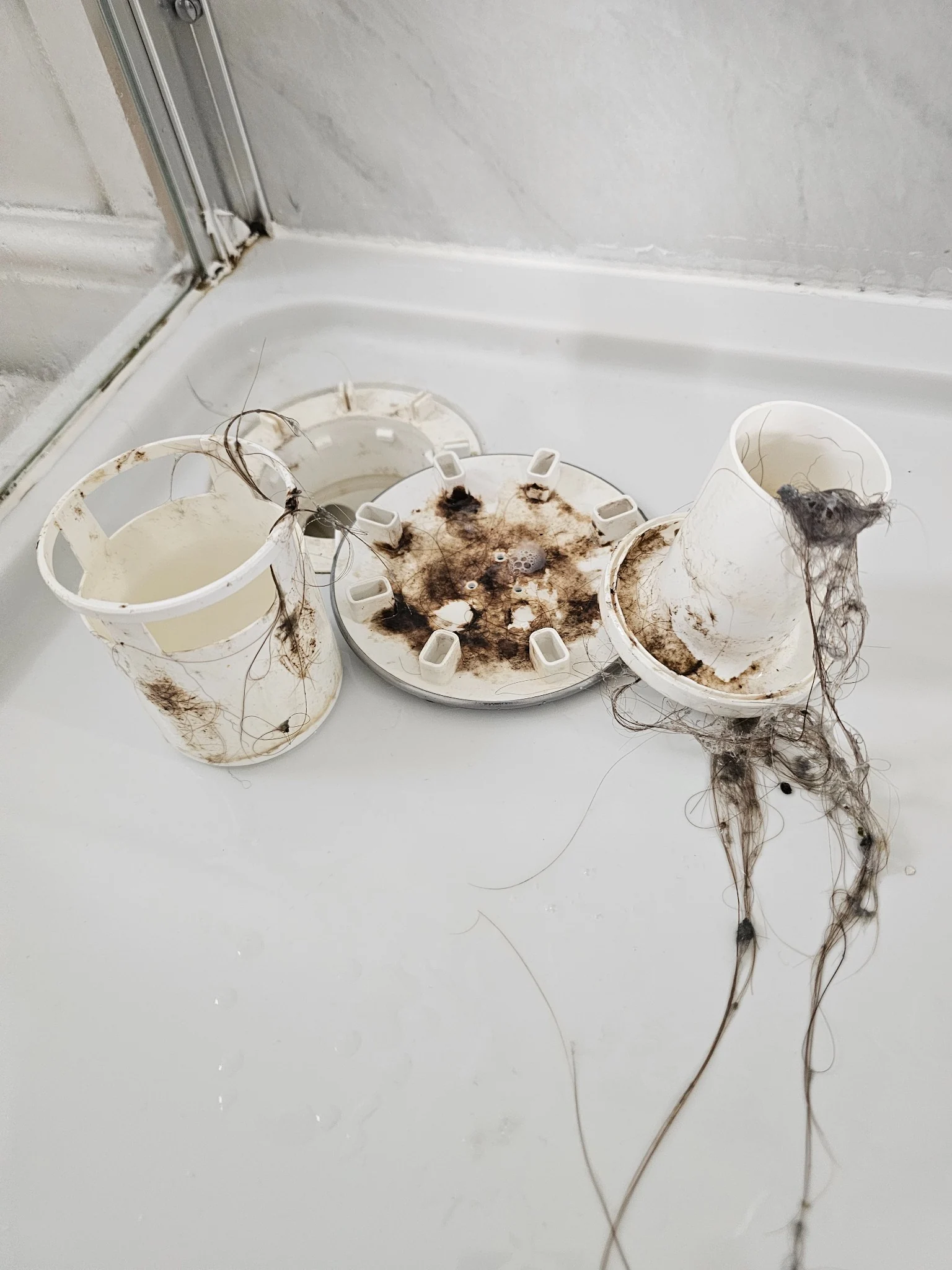 Shower waste components before deep cleaning